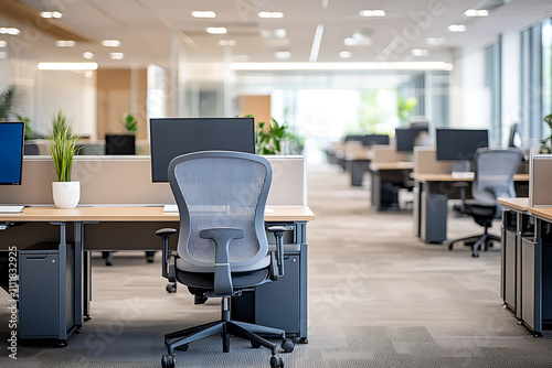 Defocused modern business office background, featuring blurred desks and glass partitions, creating a sleek and professional atmosphere