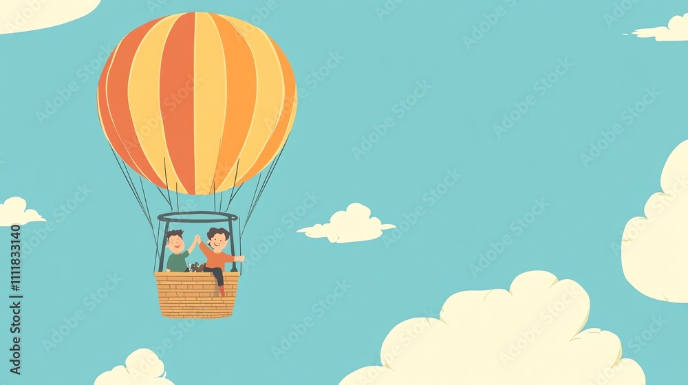 Obraz premium Two children enjoying a hot air balloon ride through a blue sky with fluffy clouds.