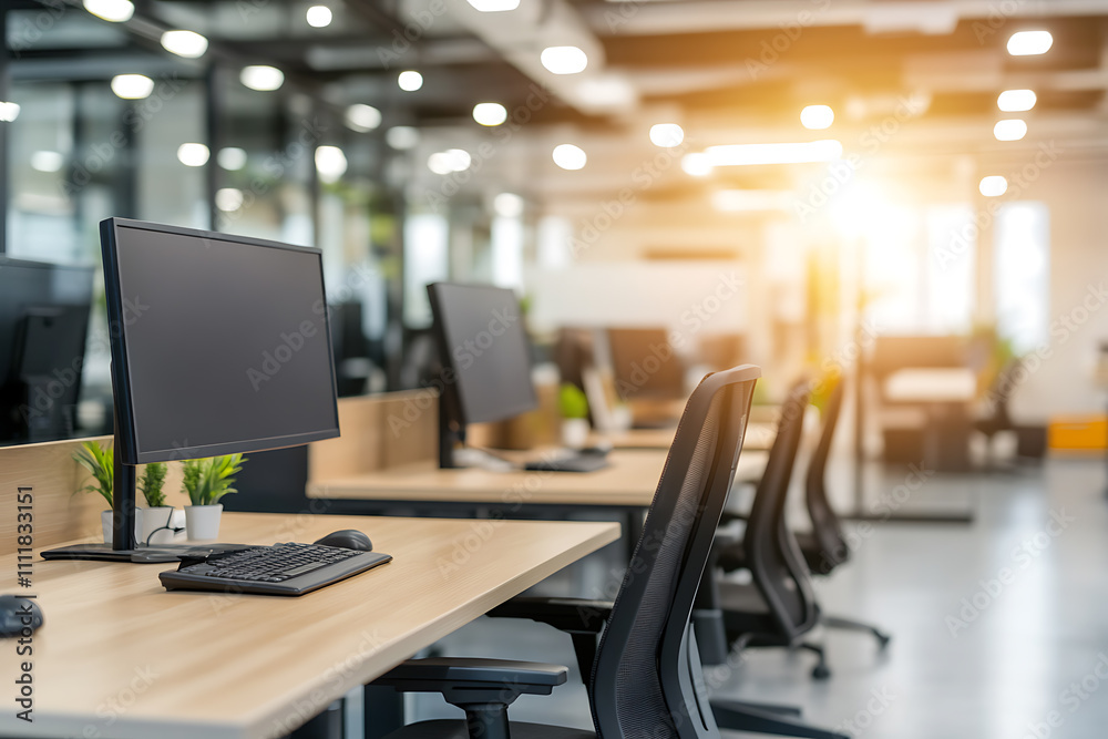 Defocused modern business office background, featuring blurred desks and glass partitions, creating a sleek and professional atmosphere Defocused modern business office background, featuring blurred desks and glass partitions, creating a sleek and professional atmosphere