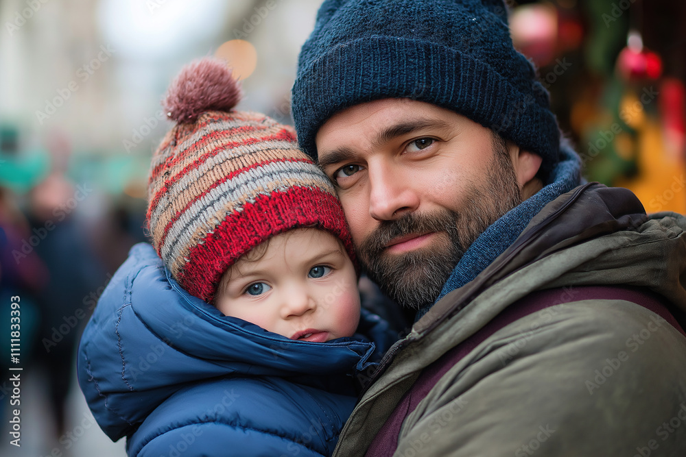 parent and child outdoors in winter in the city parent and child outdoors in winter in the city