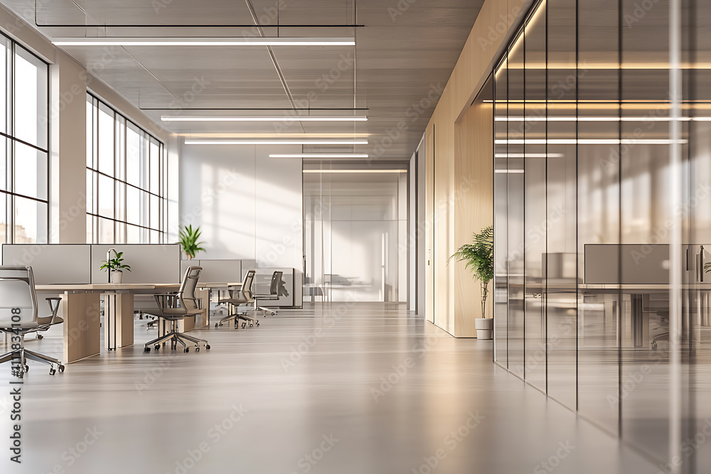 Defocused modern business office background, featuring blurred desks and glass partitions, creating a sleek and professional atmosphere Defocused modern business office background, featuring blurred desks and glass partitions, creating a sleek and professional atmosphere