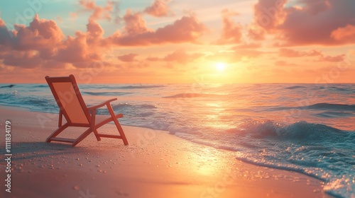 Beach chair at sunset with soft pastels and bokeh effect