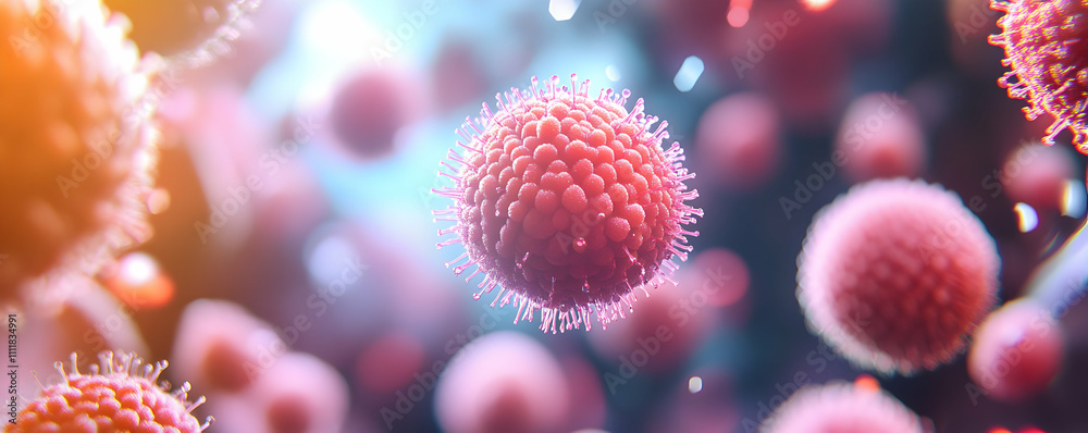 Microscopic Viral Abstract Background, Pink Virus Particles Float in a Dreamlike Setting, Illuminated with Soft, Glowing Light Microscopic Viral Abstract Background, Pink Virus Particles Float in a Dreamlike Setting, Illuminated with Soft, Glowing Light