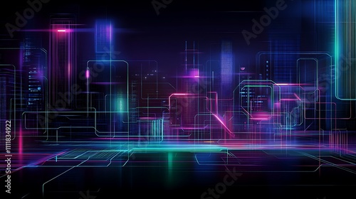 Futuristic Cityscape with Neon Lights and Digital Design Elements in a Nighttime Urban Setting