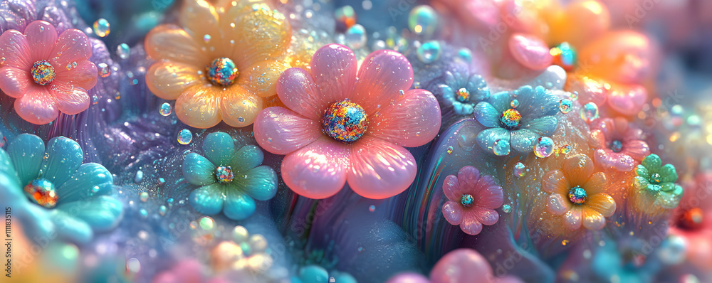 Whimsical Pastel Flower Garden, Digital art of iridescent blossoms, sparkling centers, and dreamy, swirling background. Whimsical Pastel Flower Garden, Digital art of iridescent blossoms, sparkling centers, and dreamy, swirling background.