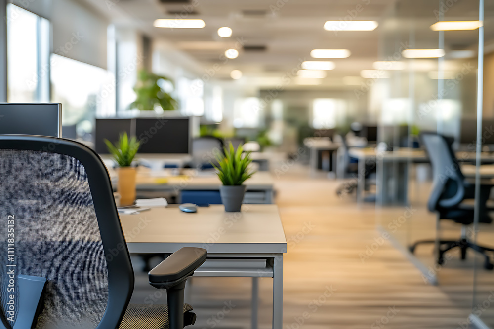 Defocused modern business office background, featuring blurred desks and glass partitions, creating a sleek and professional atmosphere Defocused modern business office background, featuring blurred desks and glass partitions, creating a sleek and professional atmosphere
