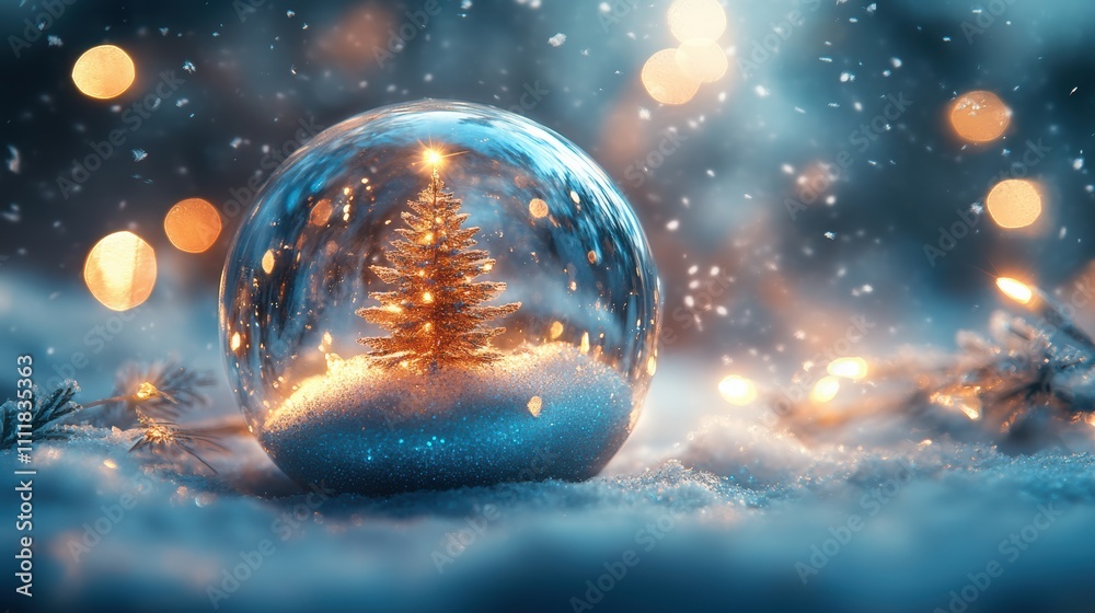 Blue and white christmas scene with glass ornament and snowflakes Blue and white christmas scene with glass ornament and snowflakes