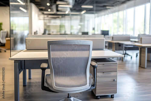 Defocused modern business office background, featuring blurred desks and glass partitions, creating a sleek and professional atmosphere