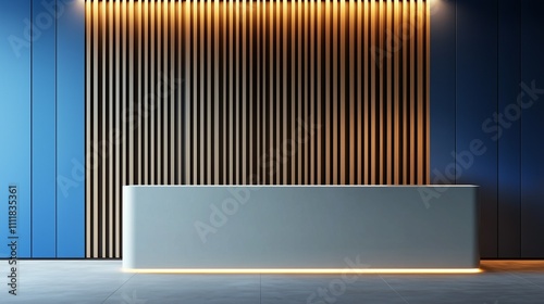 Office reception or hotel reception. A combination of blue and white colors on the walls, incorporating wooden slats as a decorative element. Modern lighting that enhances its clean lines and welcomin