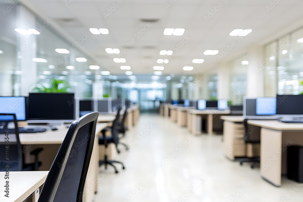 Fototapeta premium Defocused modern business office background, featuring blurred desks and glass partitions, creating a sleek and professional atmosphere
