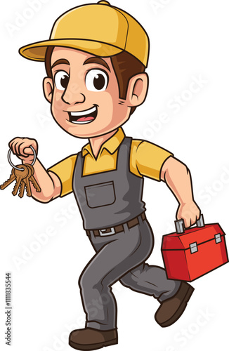 Cartoon locksmith running while holding keys and a toolbox vector illustration