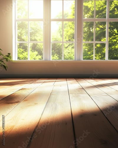 Wooden floor  sunny day . Copy space  free space for text. Sunlit room with wooden flooring