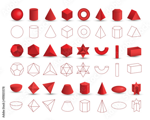 Set of vector realistic 3D red geometric shapes isolated on white background. Mathematics of geometric shapes, linear objects, contours. Platonic solid. Icons, logos for education, business, design