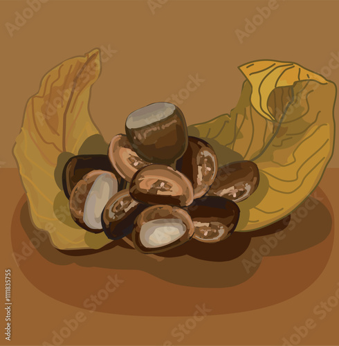 roasted chestnut decorated by dry fall leaves delicous food realistic vector illustration on white background
