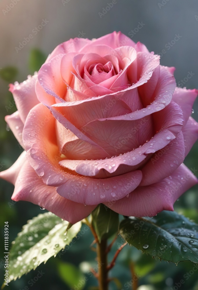Pink rose with dew drops on petals in morning light , botanical photography, morning light, nature beauty Pink rose with dew drops on petals in morning light , botanical photography, morning light, nature beauty
