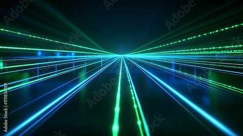 Futuristic Digital Background with Blue and Green Light Beams Creating a Dynamic Perspective View