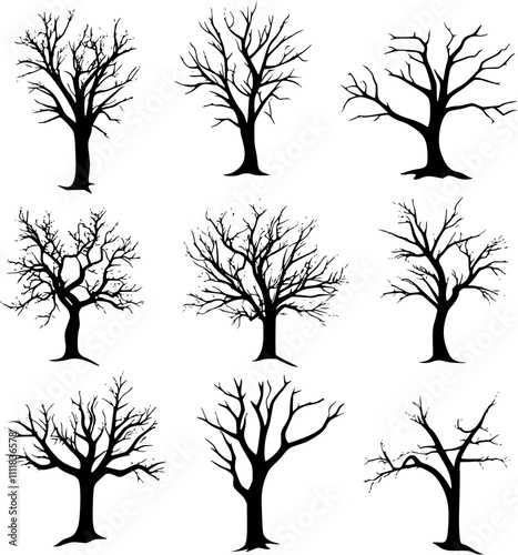 Dead tree black silhouette set transparent vector illustration