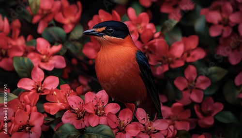A vibrant bird perched among bright red flowers, showcasing the beauty of nature and wildlife.