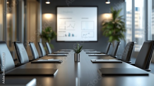 Conference table with digital marketing planners  whiteboard filled with trends for 2024
