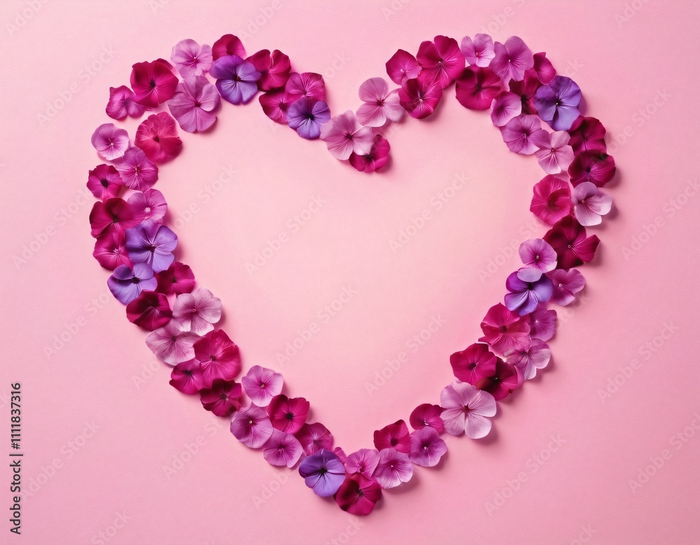 Heart made of pink and purple flower petals on a soft pastel background. Ai generated image. Heart made of pink and purple flower petals on a soft pastel background. Ai generated image.
