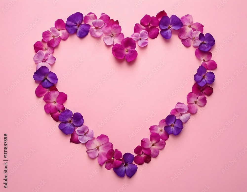 Heart made of pink and purple flower petals on a soft pastel background. Ai generated image. Heart made of pink and purple flower petals on a soft pastel background. Ai generated image.
