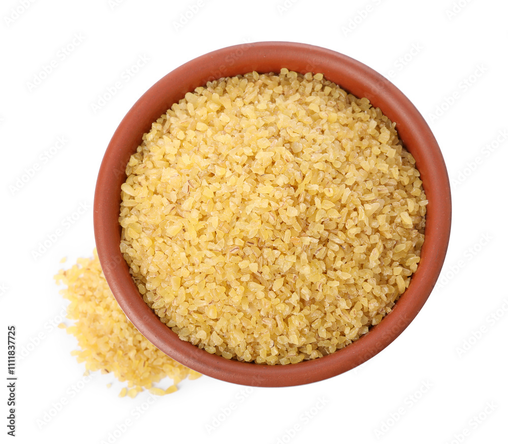 Raw bulgur in bowl isolated on white, top view Raw bulgur in bowl isolated on white, top view