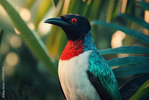 A vibrant bird showcasing striking colors amidst lush tropical foliage. photo