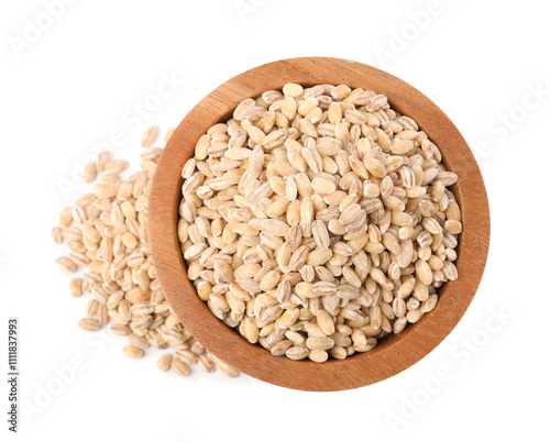 Pearl barley groats in bowl isolated on white, top view