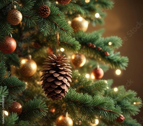 Pine cone on Christmas tree with warm glow and ornaments , christmas tree, natural element, evergreen