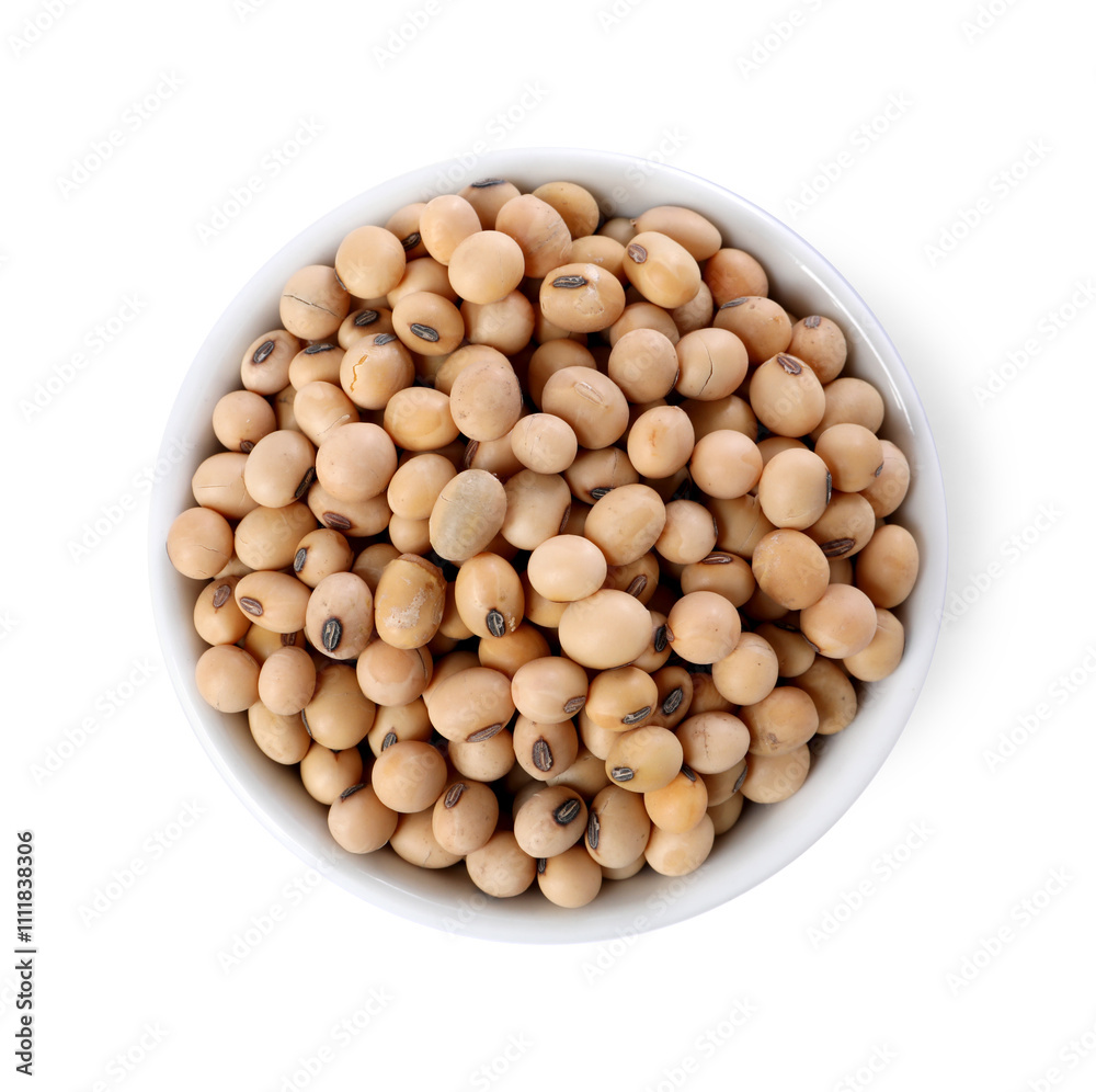 Soy beans in bowl isolated on white, top view