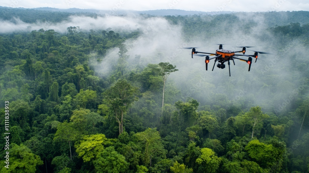 Fototapeta premium Conservation drone flying over rainforest, capturing images of habitat restoration and wildlife activity