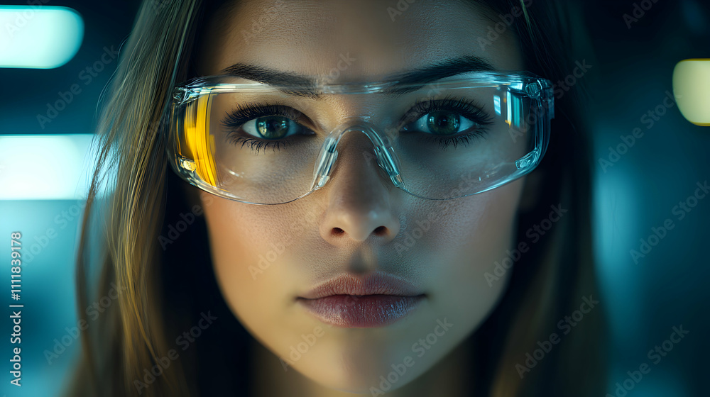 Woman in Safety Glasses, A Futuristic, Close Portrait, Illuminated by Teal Lights, Reflecting Technological Advancement. Woman in Safety Glasses, A Futuristic, Close Portrait, Illuminated by Teal Lights, Reflecting Technological Advancement.