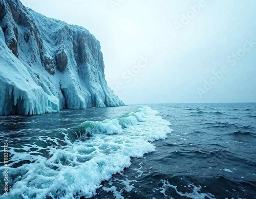 Winter sea waves gently lapping at the base of a frozen cliff, ocean wave, serene shoreline, winter sea photo