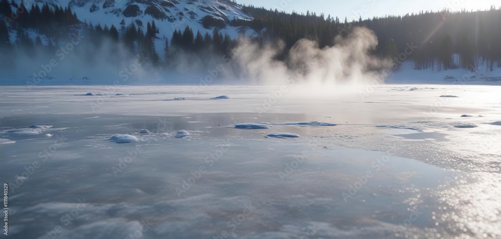 Shimmering steam on the surface of a frozen lake, lake, icy Shimmering steam on the surface of a frozen lake, lake, icy