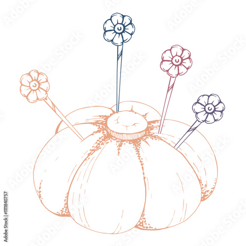 Beige pin cushion with flower pins needles. Hand drawn ink vector illustration sewing craft embroidery mending supplies. Composition isolated on white background. Design atelier, tailor, hobby shop