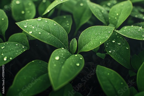 Close-up of lush green leaves covered in morning dew, representing freshness and vitality in nature.