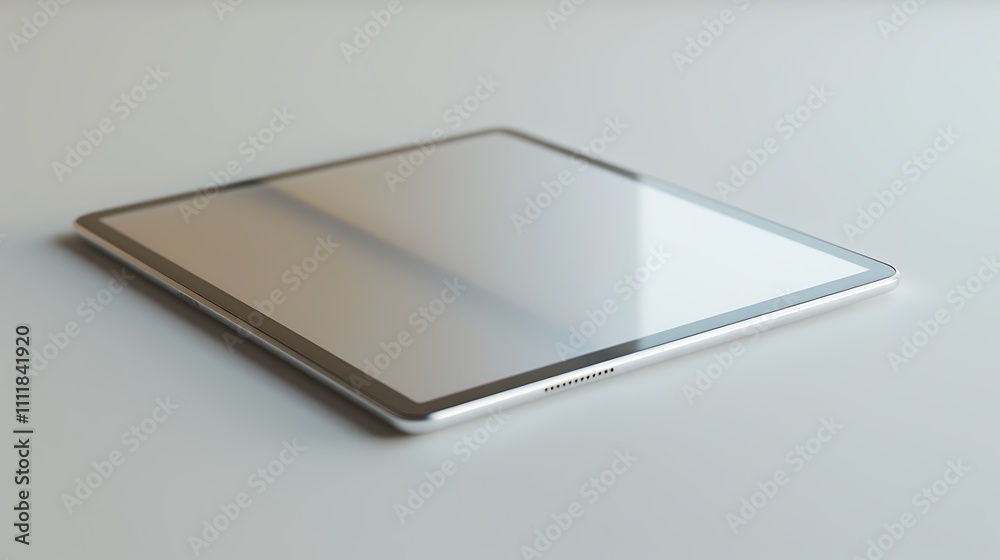 A modern digital tablet with a silver back, resting flat on a white surface with soft, even lighting. A modern digital tablet with a silver back, resting flat on a white surface with soft, even lighting.