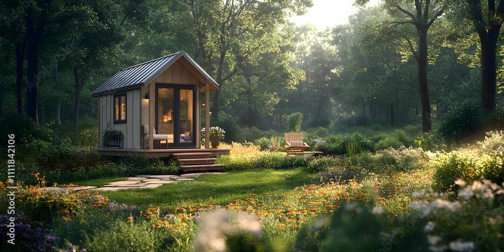 Secluded Tiny House in a Blooming Forest; Nature's Embrace, Tranquil Escape, Sunlight Dappled, Serene Sanctuary Secluded Tiny House in a Blooming Forest; Nature's Embrace, Tranquil Escape, Sunlight Dappled, Serene Sanctuary