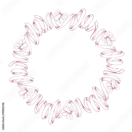 Red textile ribbon serpentine streamer swirl. Hand drawn ink vector illustration sewing craft embroidery supplies. Frame wreath isolated on white background. Design atelier, tailor, hobby shop, decor