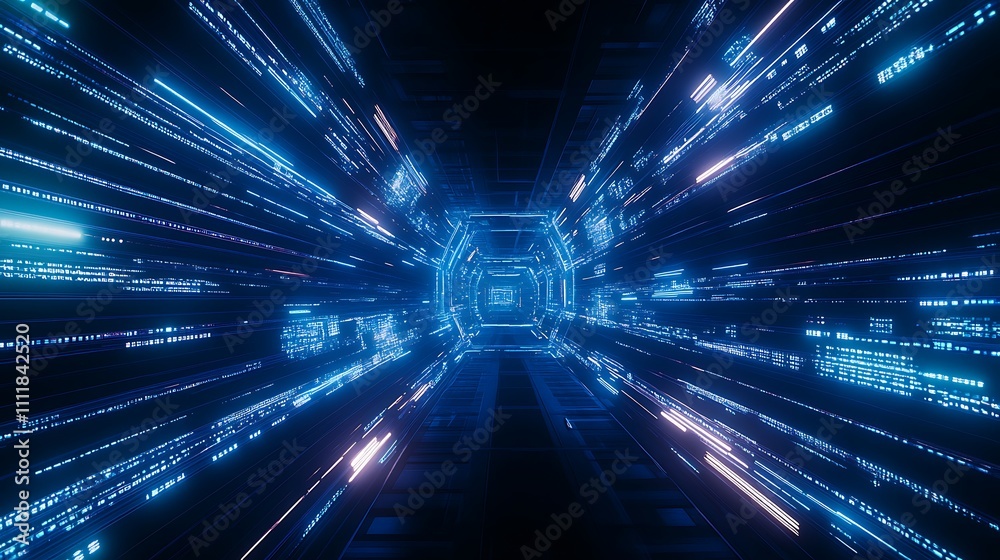Futuristic Digital Tunnel with Blue and White Glowing Data Streams in a High-Tech Environment Futuristic Digital Tunnel with Blue and White Glowing Data Streams in a High-Tech Environment