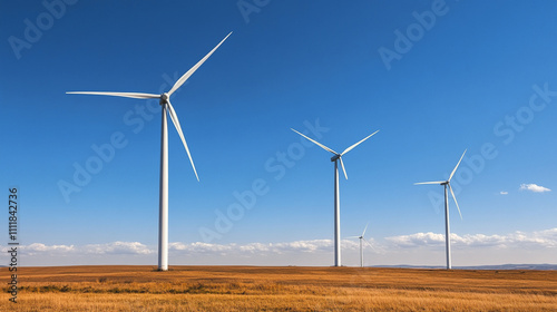 Molinos de viento en un campo amplio bajo un cielo azul despejado, energías renovables y paisaje rural al atardecer.