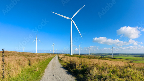 Parque eólico con molinos de viento en un paisaje campestre, camino rural rodeado de vegetación y cielo azul con nubes.