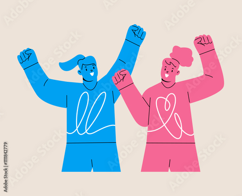 Overjoyed women have fun raising hands up. Colorful vector illustration