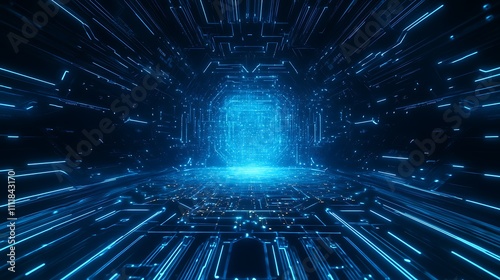 Futuristic Digital Tunnel with Glowing Blue Lines and Data Particles Representing Advanced Technology Concept