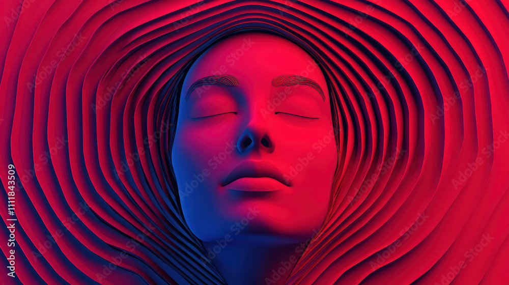 digital footprint identity protection. serene face surrounded by vibrant red and blue waves digital footprint identity protection. serene face surrounded by vibrant red and blue waves