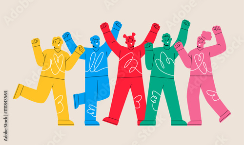 Happy people celebrates victory by raising hands. Colorful vector illustration