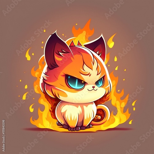 Angry cartoon cat engulfed in flames, with a fierce expression, designed for mobile games, emotes, or bold digital illustrations