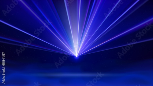 Laser light show. Bright led laser beams, dj light party. Illuminated blue stage, led strobe lights, smoke. Blue background, backdrop for displaying products. Vector illustration