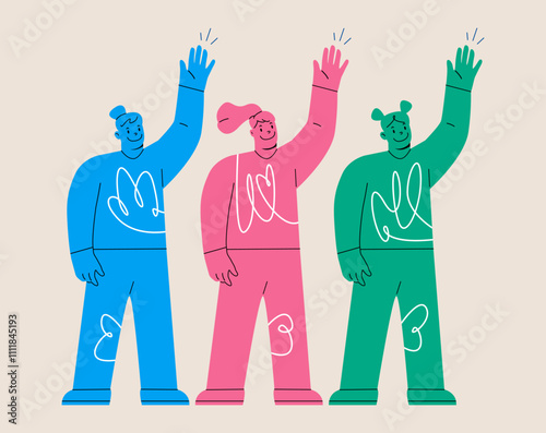 Woman raise hands vote. Colorful vector illustration