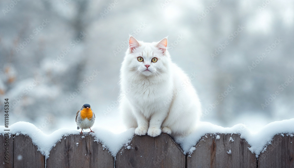 Φωτογραφία white cat sitting on a wooden fence, with a small bird perched nearby, on a win